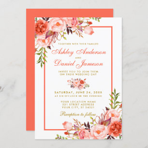 Moderne Hochzeit von Coral Floral Gold Einladung