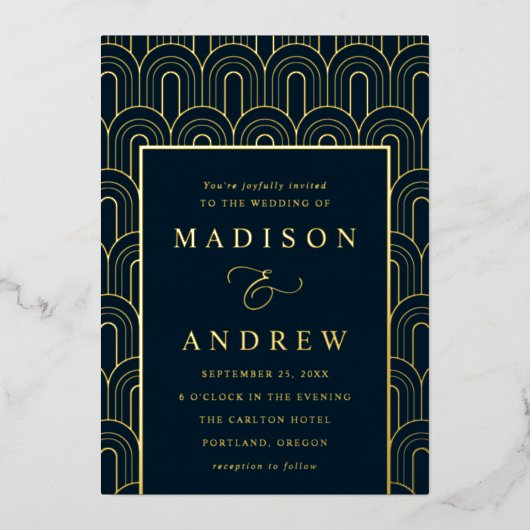 Moderne Hochzeit von Deko Navy und Gold Folieneinladung (Vorderseite)