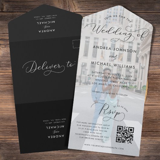 Moderne Hochzeit von Foto & Script QR Code Foto All In One Einladung