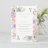 Moderne Hochzeit von Gold Lilac Peach Floral Einladung (Stehend Vorderseite)