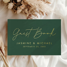 Moderne Hochzeit von Green and Gold Foil Script Fo Gästebuch