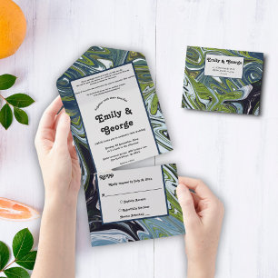 Moderne Hochzeit von Green Blue Earth Tone Abstrak All In One Einladung