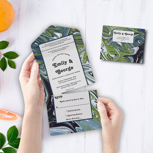 Moderne Hochzeit von Green Blue Earth Tone Abstrak All In One Einladung