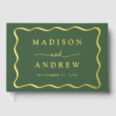 Moderne Hochzeit von Green und Gold Wavy Frame Fot Gästebuch (Vorderseite)