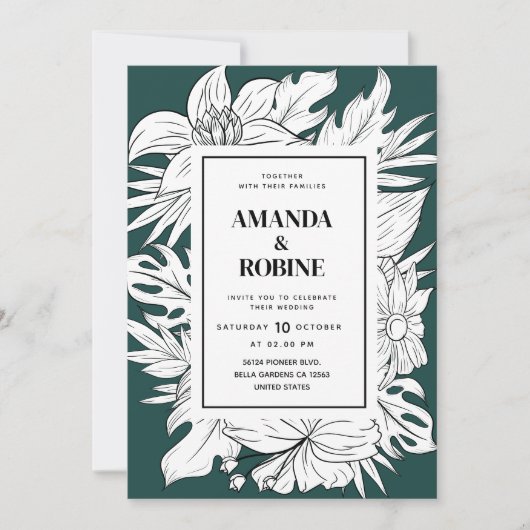 Moderne Hochzeit von Grün und Weiß mit tropischen Einladung (Vorderseite)