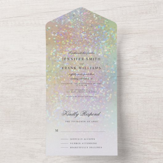 Moderne Hochzeit von holografischem Pastel-Glitzer All In One Einladung (Innen)