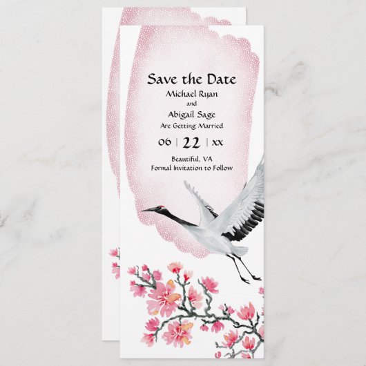Moderne Hochzeit von japanischem Crane und Cherry Save The Date (Vorne/Hinten)