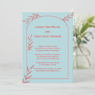 Moderne Hochzeit von Light Blue und Coral Leaf Einladung