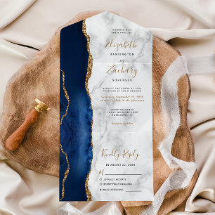 Moderne Hochzeit von Navy Blue Gold Agate All In One Einladung