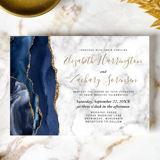 Moderne Hochzeit von Navy Blue Gold Agate Einladung