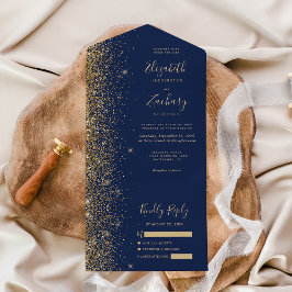 Moderne Hochzeit von Navy Blue Gold Glitzer All In One Einladung