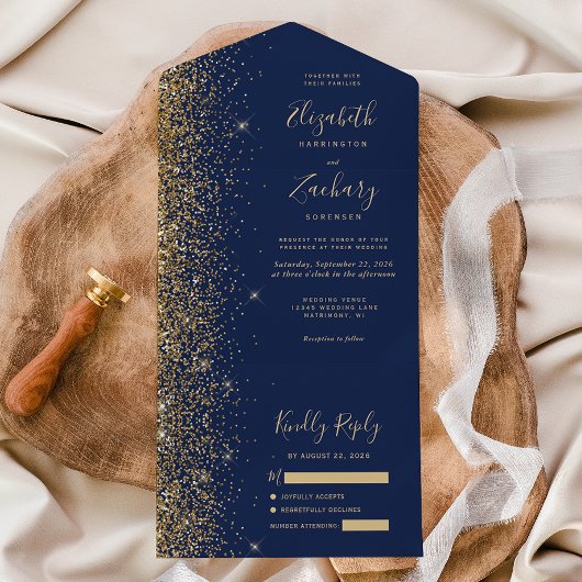 Moderne Hochzeit von Navy Blue Gold Glitzer All In One Einladung