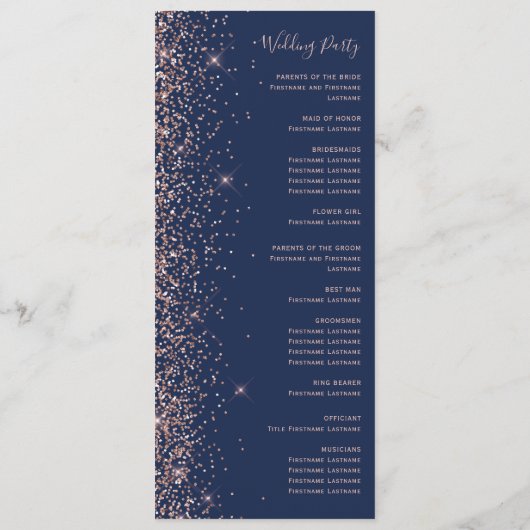 Moderne Hochzeit von Navy Blue Rose Gold Glitzer Programm (Rückseite)