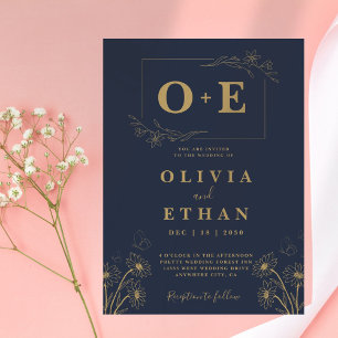 Moderne Hochzeit von Navy Blue und Gold Monogram Einladung
