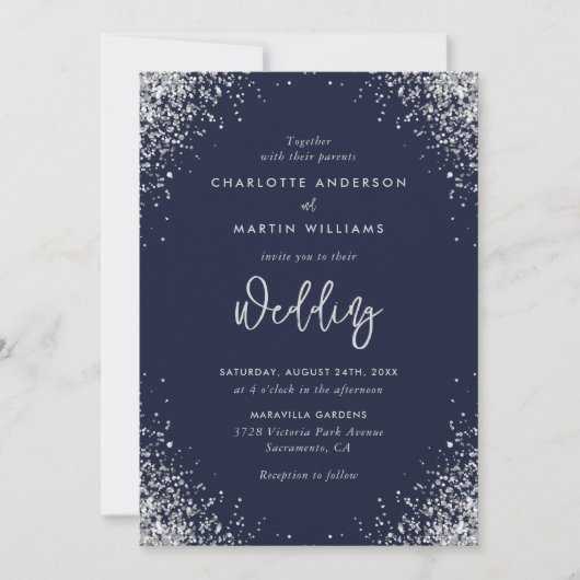 Moderne Hochzeit von Navy Blue und Silver Glitzer Einladung (Vorderseite)