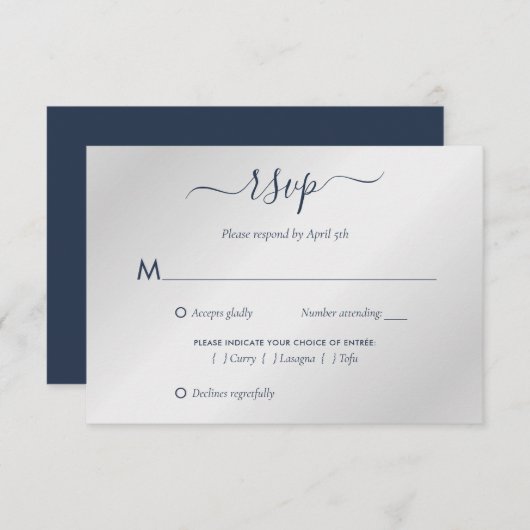 Moderne Hochzeit von Navy Blue und Silver RSVP Karte (Vorne/Hinten)