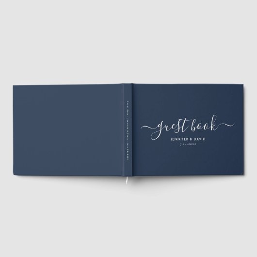 Moderne Hochzeit von Navy Blue und Silver Script Gästebuch (Voll)
