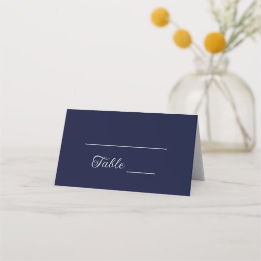 Moderne Hochzeit von Navy Blue und Silver Script Platzkarte (Vorderseite)