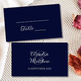 Moderne Hochzeit von Navy Blue und Silver Script Platzkarte