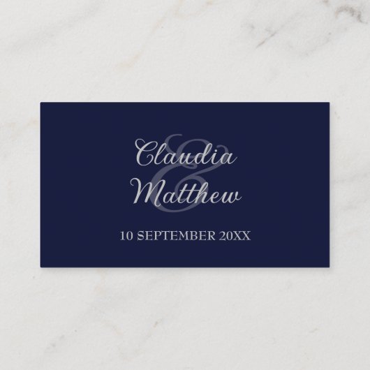 Moderne Hochzeit von Navy Blue und Silver Script Platzkarte (Rückseite)