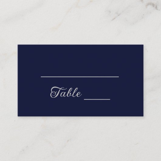 Moderne Hochzeit von Navy Blue und Silver Script Platzkarte (Vorderseite)