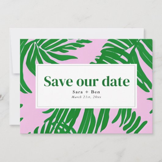 Moderne Hochzeit von Pink und Green Beach Palm Tre Save The Date (Vorderseite)
