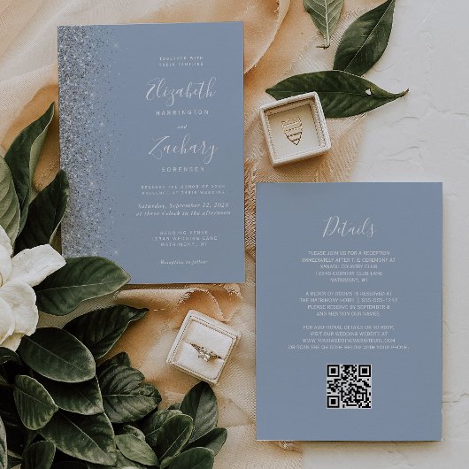 Moderne Hochzeit von Silver Glitzer Dusty Blue QR  Einladung