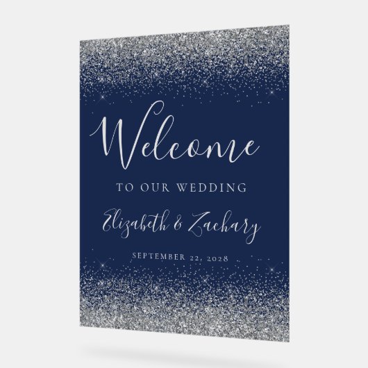 Moderne Hochzeit von Silver Glitzer Navy Blue Acrylschild (Winkel)
