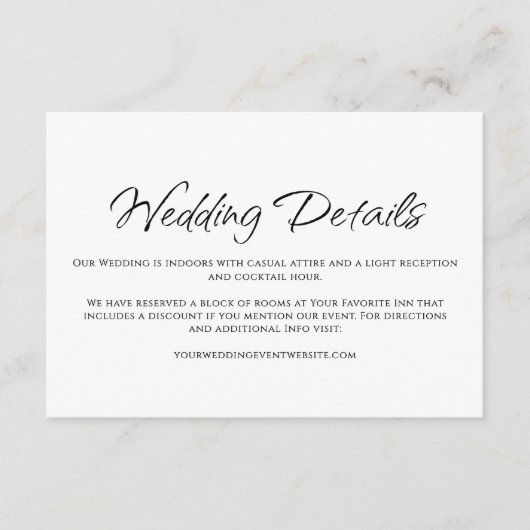 Moderne Hochzeitdetails Einfache Typografie Begleitkarte (Vorderseite)
