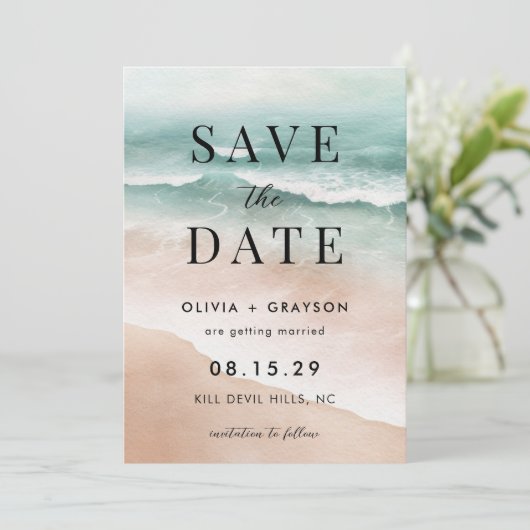 Moderne Hochzeiten im Sommer am Strand retten das Save The Date (Stehend Vorderseite)