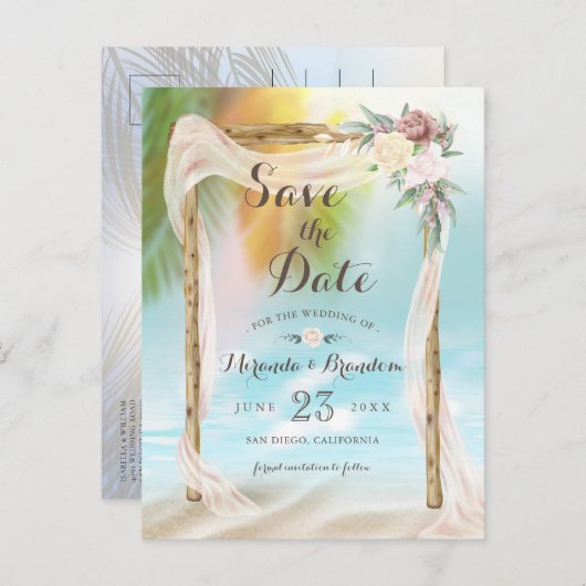 Moderne Hochzeiten in der tropischen Bucht retten Ankündigungspostkarte (Vorne/Hinten)