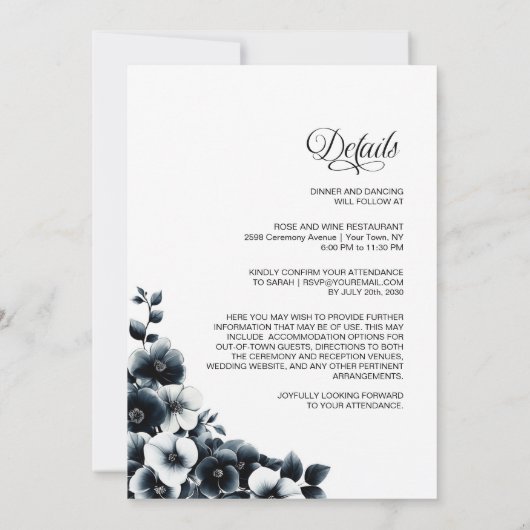 Moderne Hochzeiten in einer Schwarz-weißen Blumen Einladung (Rückseite)