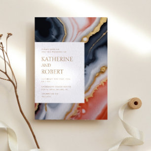 Moderne Hochzeiten in Navy Blue und Orange Agate Einladung