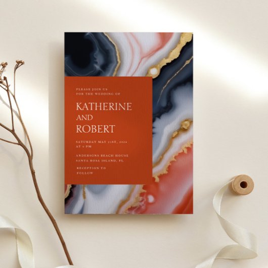 Moderne Hochzeiten in Navy Blue und Orange Agate Einladung