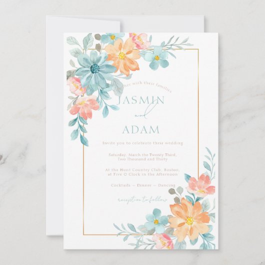 Moderne Hochzeiten mit Blumen und Orangen Einladung (Vorderseite)