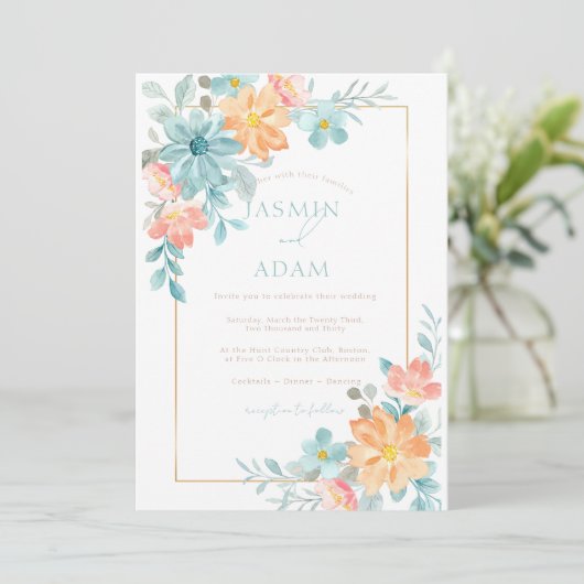 Moderne Hochzeiten mit Blumen und Orangen Einladung (Stehend Vorderseite)