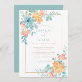 Moderne Hochzeiten mit Blumen und Orangen Einladung (Vorne/Hinten)