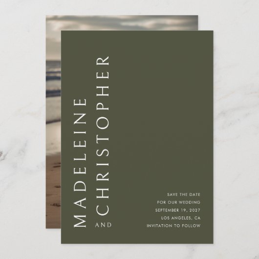 Moderne Hochzeiten mit großen Namen Olivenöl Grüne Save The Date (Vorne/Hinten)