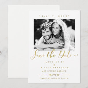 Moderne Hochzeiten mit weißem und goldenem Foto re Einladung