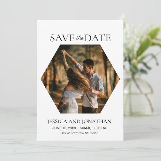 Moderne Hochzeiten retten das Date Hexagon-Foto Save The Date (Stehend Vorderseite)