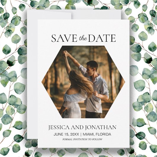 Moderne Hochzeiten retten das Date Hexagon-Foto Save The Date