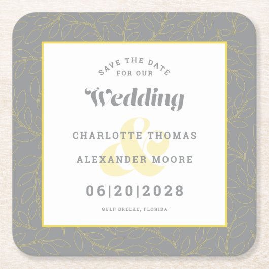 Moderne Hochzeiten retten das Datum Gelb-Grau-Must Rechteckiger Pappuntersetzer (Vorderseite)
