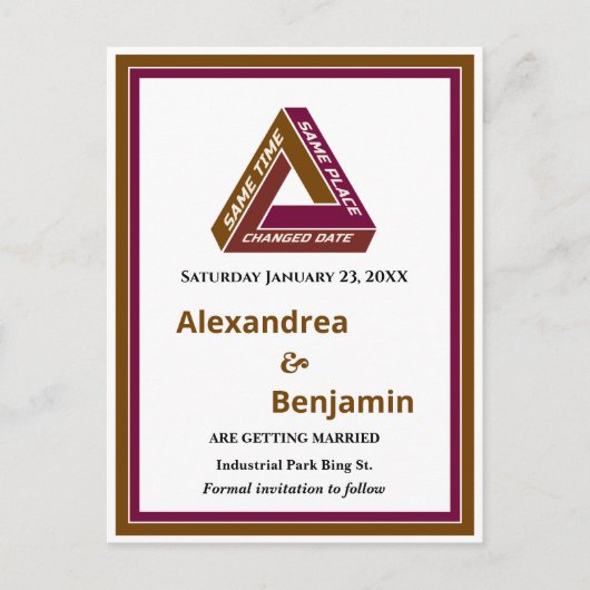 Moderne Hochzeiten sichern das Datum der neuen Dat Ankündigungspostkarte (Vorderseite)