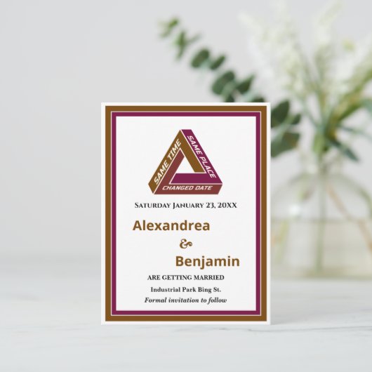 Moderne Hochzeiten sichern das Datum der neuen Dat Ankündigungspostkarte (Stehend Vorderseite)