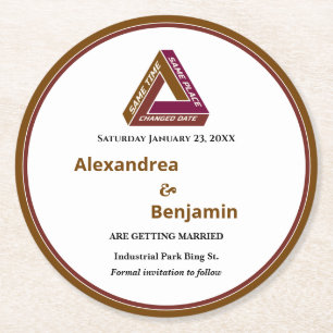 Moderne Hochzeiten sichern das Datum der neuen Dat Runder Pappuntersetzer