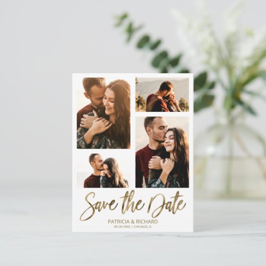 Moderne Hochzeiten sichern Datum 4 FotoCollage Postkarte (Stehend Vorderseite)