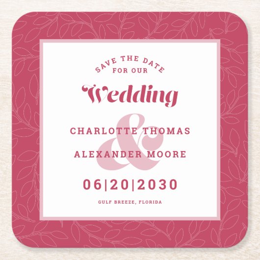 Moderne Hochzeiten speichern das Date Magenta Leaf Rechteckiger Pappuntersetzer (Vorderseite)