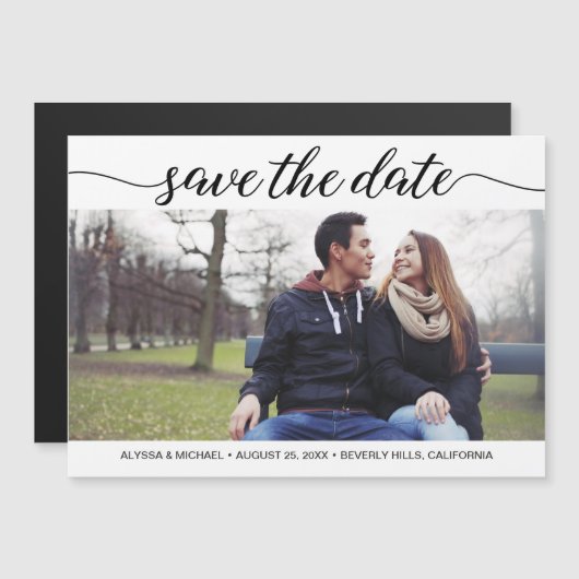 Moderne Hochzeiten speichern das Date Script-Foto Magneteinladung (Vorne/Hinten)