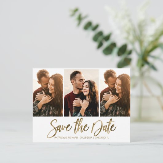 Moderne Hochzeiten speichern Datum 3 - FotoCollage Postkarte (Stehend Vorderseite)