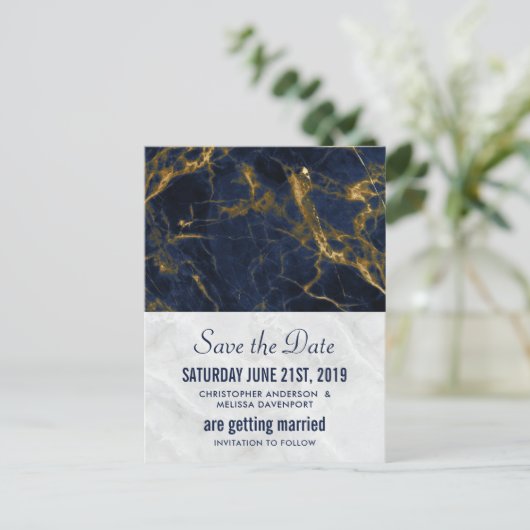 Moderne Hochzeiten von Navy Blue und Gold retten d Postkarte (Stehend Vorderseite)